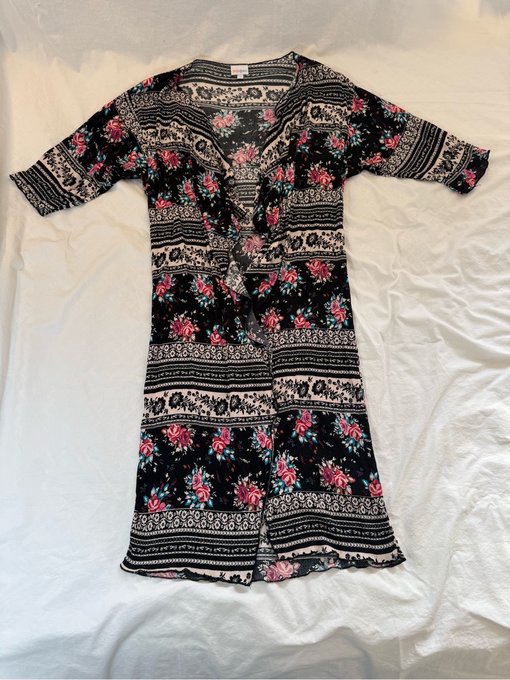 LulaRoe Black Long Kimono with Pink Rose Print